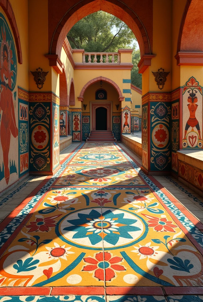 I need an illustration of a colorful ceramic floor with pre-Columbian illustrations
