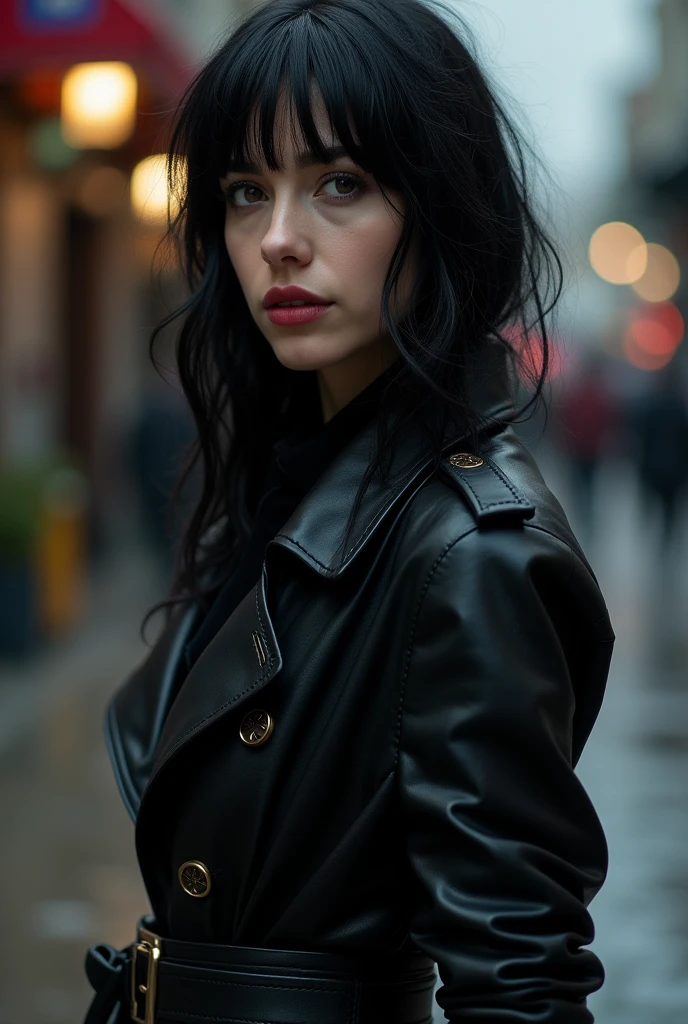 a beautiful urban fantasy heroine, raven black hair, black leather trench coat, photography, portrait