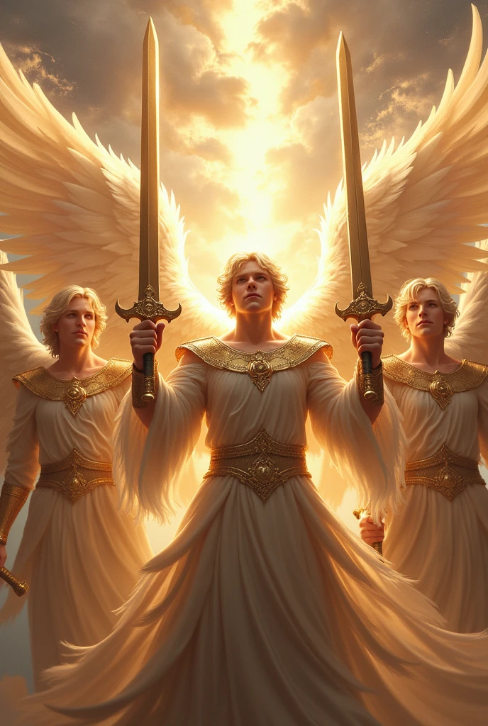 male angels holding swords, 8 k quality