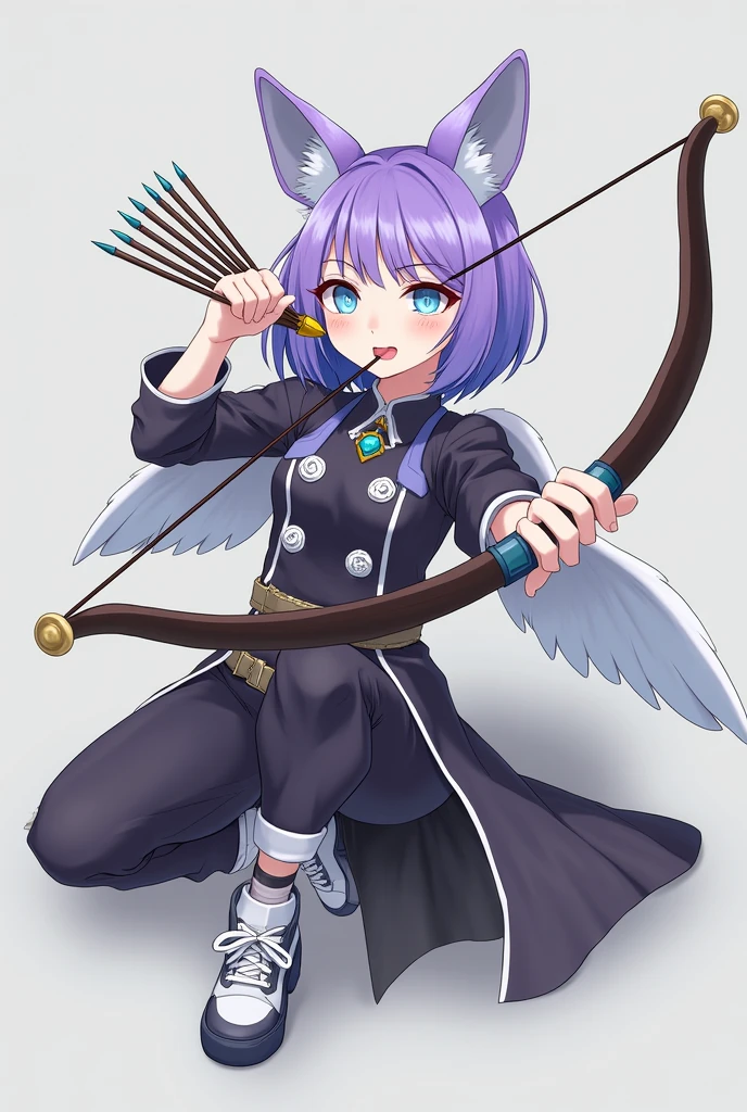 ((Best Quality)), ((masterpiece)), (detailed), {original}, {realist}, Girl, (Masterpiece of art), (ultra quality), young, short hair, fury face, linda, beauty, angelic, flat nose, parts, introvert, shy, beautiful, very short hair, multicolored fur, purple locks, cyan sapphire pendant, whole body, defensive pose, semi on knees, elegance, light blue eyes, survivor, costume with wings, Long pants, sneakers, socks, stitched ears, Elf's ears, Bow and arrows, attacking, Attack position, long coat with belts,
