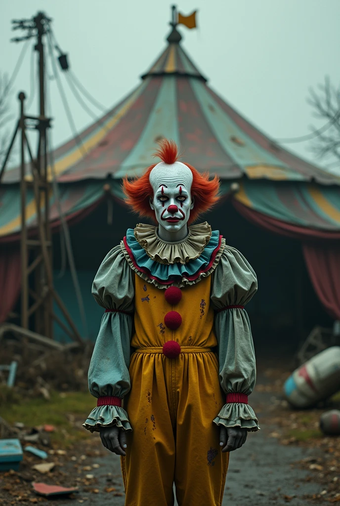 Sad clown in front of a dark rundown circus