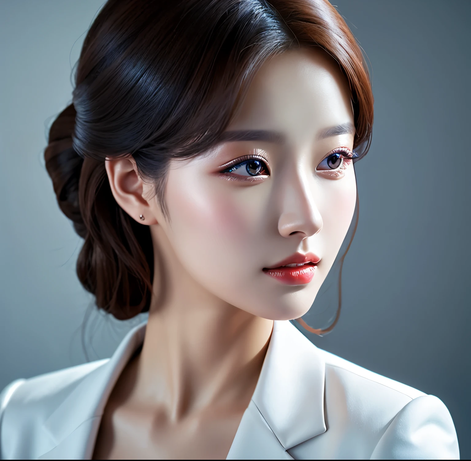 Close up portrait of woman in blue suit and white shirt, Elegant digital art, High-quality portraits, Shiny digital painting, Digital Art Images, Beautiful digital art, Elegant digital painting, Portraits of Korean female idols, Beautiful digital painting, Realistic cute girl drawing, high quality digital painting, TWICE&#39;s Tzuyu, Professional Profile Photo, Korean Girls