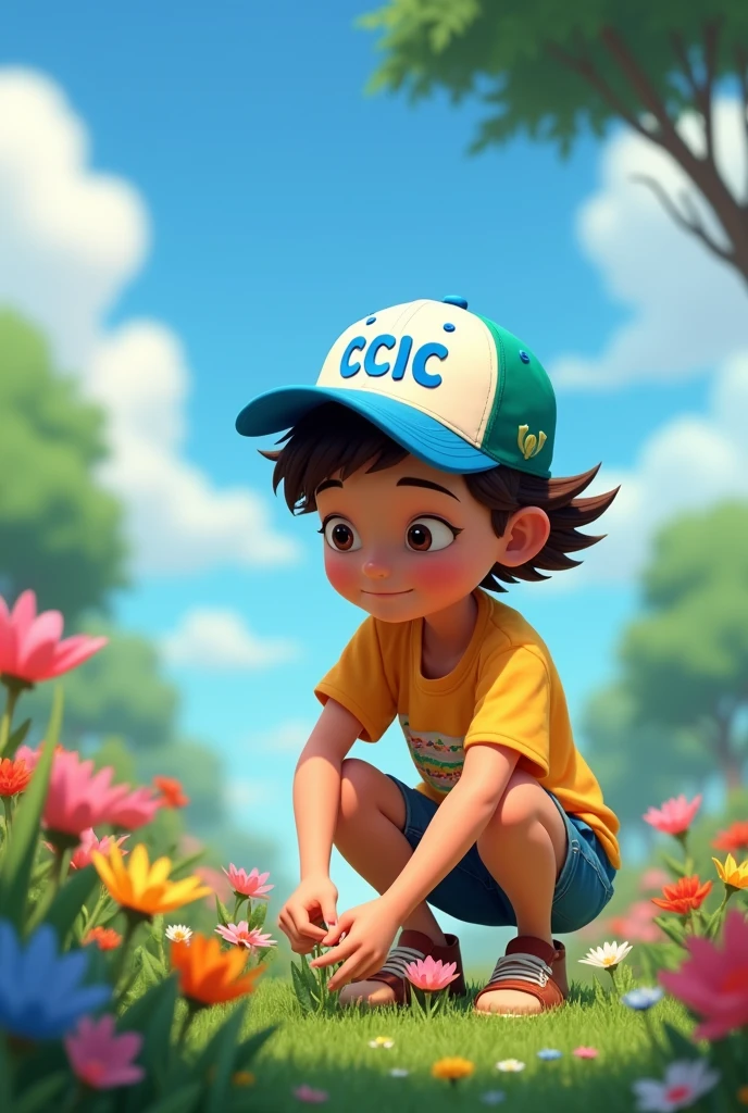 You can make an animation, like a teenager who has the CCIC logo with a CCIC cap but the cap has blue letters and the colors blue, green and white so that he looks careful in the gardens, that he comes out crouching carefully several flowers to place in an advertising art, 