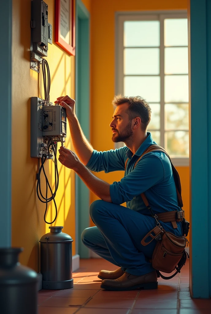 30 year old male technician, from sideways, changing power outlet in Brazil