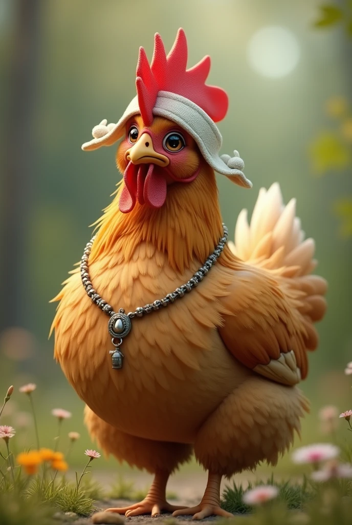 A chicken with monk accessories (necklace and band)