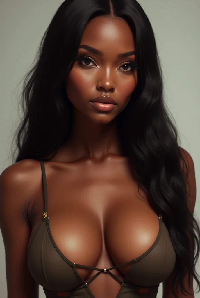 Gorgeous African woman with straight hair and huge breasts, realistic