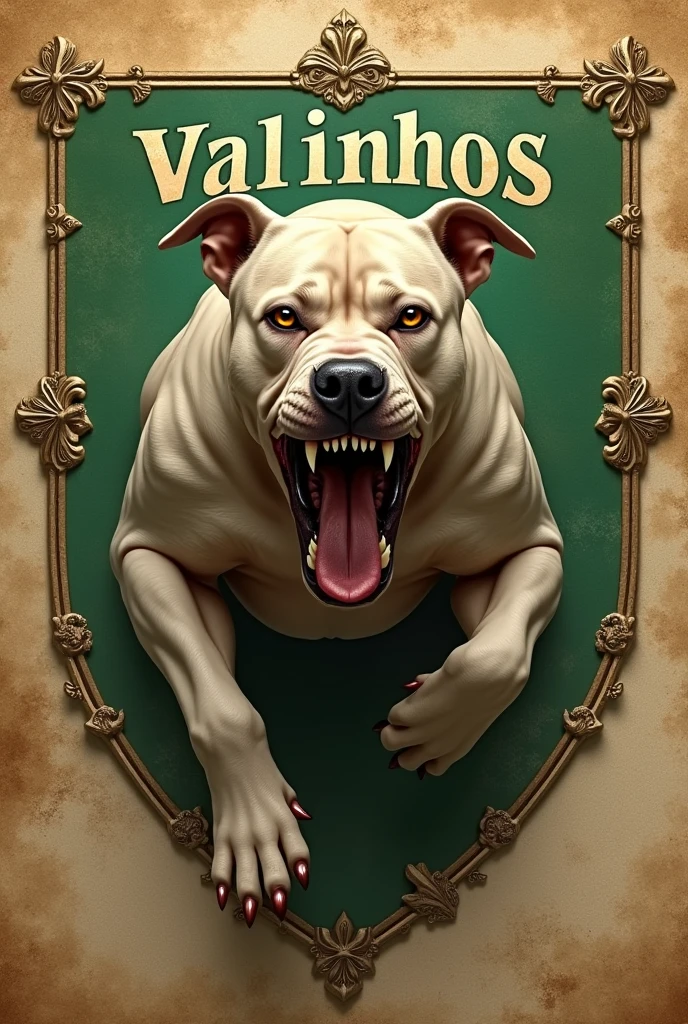 Angry Pitbull dog showing his arm , on a green coat of arms, parchment written by Valinhos