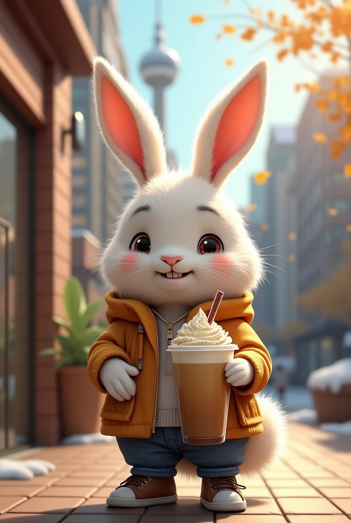 Bunny with a frozen coffee.