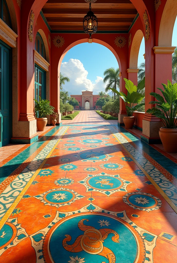 I need an illustration of a colorful ceramic floor with pre-Columbian illustrations
