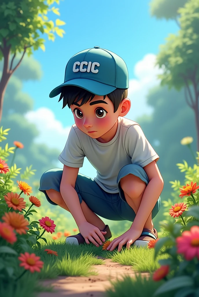 You can make an animation, like a ager who has the CCIC logo with a CCIC cap but the cap has blue letters and the colors blue, green and white so that he looks careful in the gardens, that he comes out crouching carefully several flowers to place in an advertising art, less chinese