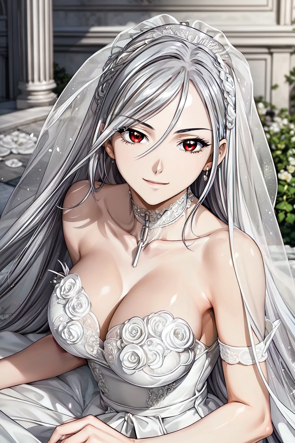 (masterpiece, best quality, beautiful and aesthetic:1.3), 1woman, ((very mature woman)),(30 years old, thirties), solo, light smile,  (Silver  hair streaked white:1.4), (Gradient silver hair ends:1.6), hair strand, absurdly long hair, single sidelock, wavy hair, shiny hair, floating hair, (deep red eyes), delicate eyes, aqua eyes, super high detailed eyes, long upper eyelashes, makeup, Focus on face, Very detailed facial, Pretty Face, Perfect breasts, hot body, (Delicate skin texture:1.2), bridal veil, lace-trimmed dress, see-through, wedding dress, outdoors, white roses, garden, morning, standing, extreme detailed, light smile