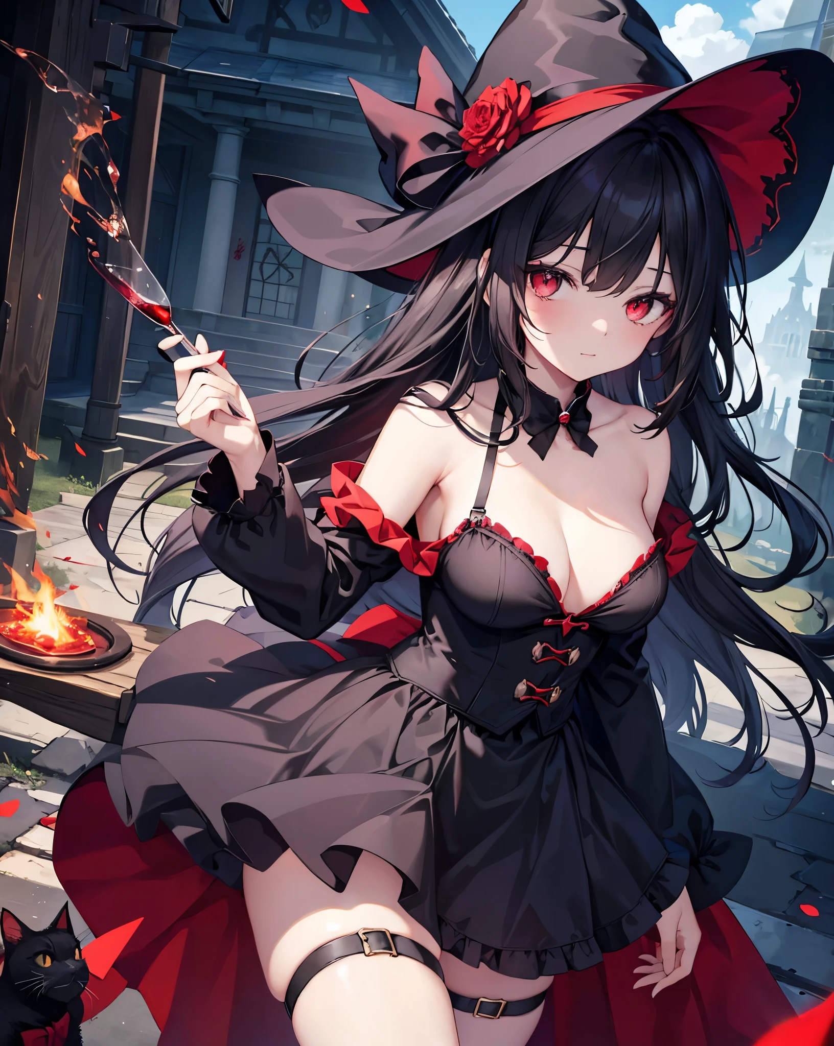 Seductive witch nekogirl, white eyes, neko ears, Garter, bare shoulders, sitted with open legs, she has a ((black cat with red eyes)) between the legs. Black skirt with red  Petticoat, open buttons, open shirt. Black hair, red reflex on hair, red ribbons, black hat. smoky area around her, she hold a magic stuff with a red gem on top of it. Fire power.  Medium breasts. She holds a Glass of blood red wine. Scenery witch house.