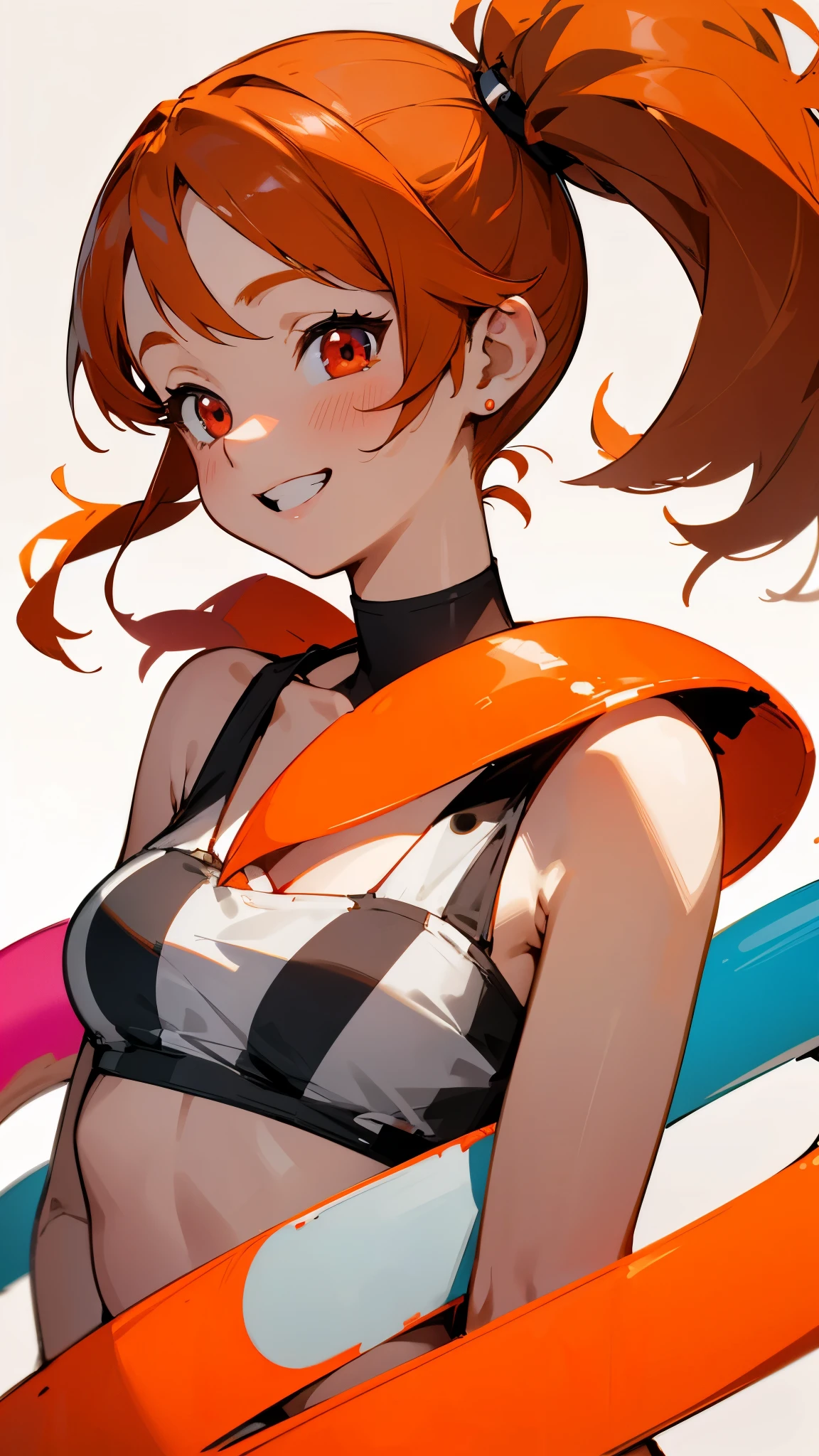 1 girl、anime painting、Orange Hair、Beautiful red eyes、Side Ponytail、Vibrant colors、black and white tube top bra、Gingham check tube top bra、My chest is a little visible、Grin、Open your mouth、From the side、Upper body close-up