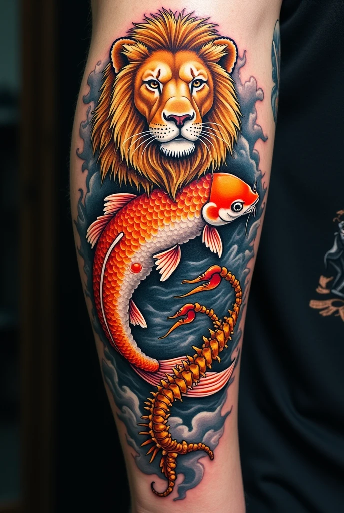 draw an idea for a tattoo model that mixes a fish, a lion and a scorpion:
AngelT:The base of the tattoo can be a stylized fish, like a koi fish or a goldfish. This fish can have detailed scales and vibrant colors..
Lion On Top Of The Fish's Body, you can integrate the head of a lion. The lion can be represented in a more aggressive style, with the mane flowing down.
Scorpion:you can position it on the fish's tail, intertwining their claws and tail.