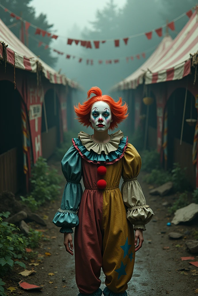 Sad female clown in front of a dark rundown circus