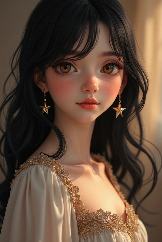 black haired girl , Brown eyes, star earrings, with a long-sleeved long dress
, of Russian nationality