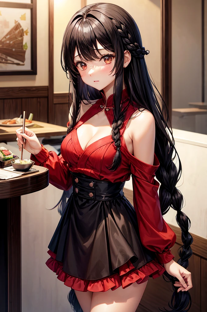 Beautiful girl high quality anime girl with black layered hair, bangs. hair beautiful long braid. Brown eyes. Smaller medium sized bust and small waist. Wearing red dress. showing cleavage. at a fancy restaurant eating sushi
