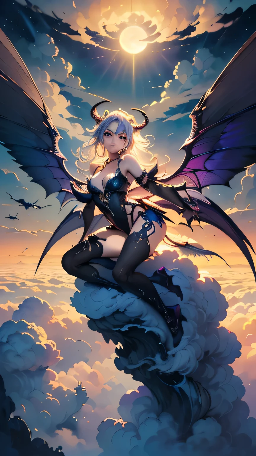 ((best quality)), ((masterpiece)), (detailed), alluring succubus, ethereal beauty, perched on a cloud, (fantasy illustration:1.3), enchanting gaze, captivating pose, delicate wings, symmetrical wings, otherworldly charm, mystical sky, (Luis Royo:1.2), (Yoshitaka Amano:1.1), moonlit night, warm colors, colorful, (detailed cloudscape:1.3), (high-resolution:1.2), (front view)