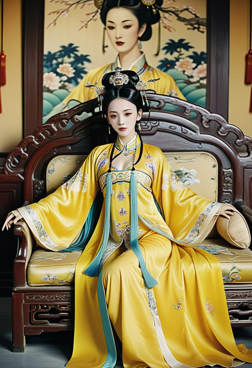 A gorgeous empress from the Chinese imperial court during the Qing Dynasty. A large yellow sofa with the empress naked and with her legs spread. A gorgeous empress from the Chinese imperial court with her hair tied on both sides. She is wearing a crown.、The background where she is tying her hair is、A luxurious palace for an empress in the Chinese imperial court during the Qing Dynasty