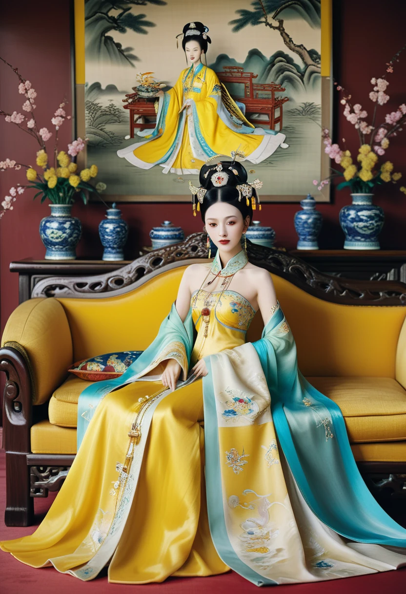 Gorgeous Empress of the Chinese Court during the Qing Dynasty Gorgeous Empress of the Chinese Court on a sofa, nude, large and golden, with her legs on the sofa, wide open, knees bent, in an M pose (pornographic pose), with her hair tied on both sides The background of this perverted and erotic woman wearing a crown and tying her hair is the Chinese court of the Qing Dynasty. The scene is set in the luxurious room of an empress in the Qing Dynasty Chinese court.

Translated with DeepL.com (free version)