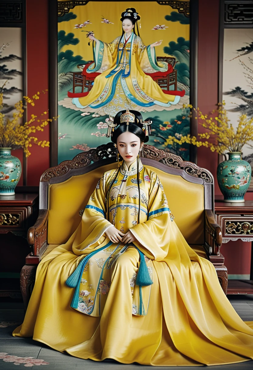 A gorgeous empress from the Chinese imperial court during the Qing Dynasty. A large yellow sofa with the empress  and with her legs spread. A gorgeous empress from the Chinese imperial court with her hair tied on both sides. She is wearing a crown.、The background where she is tying her hair is、A luxurious palace for an empress in the Chinese imperial court during the Qing Dynasty