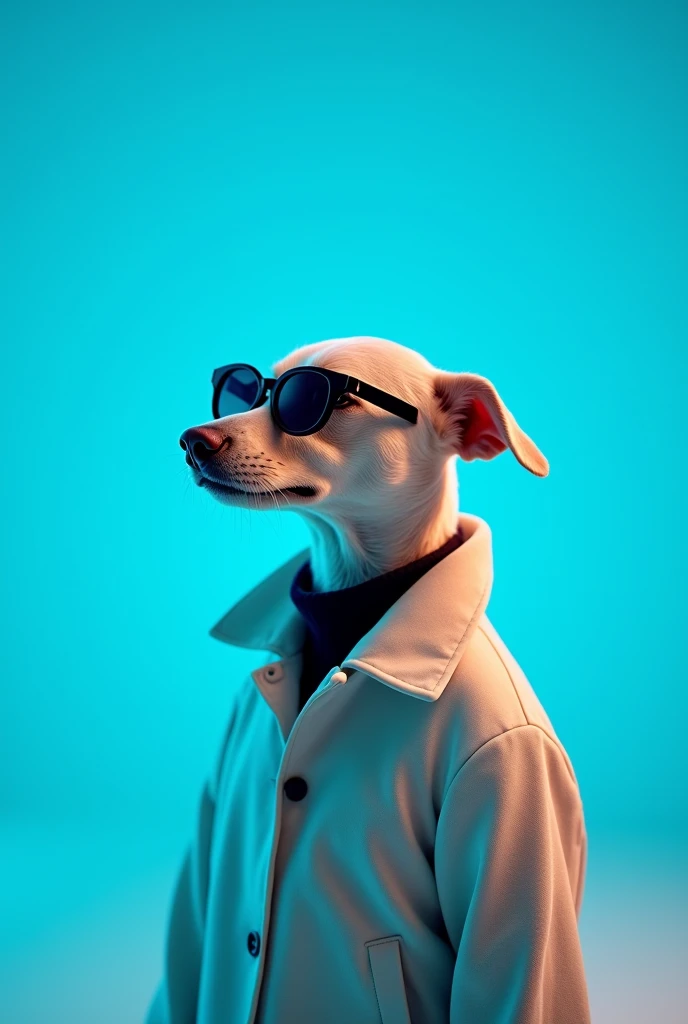 The best cell phone wallpaper, Award-Winning Wallpaper, portrait photography, In the front view is a portrait of a cute dog wearing mid-1960s space age fashion, Side view photo, Shot with Canon EOS R5, Set a strong contrast that accentuates the subject, Fluorescent blue tone, Wearing a very modern coat and sunglasses is a modern 1960s style, Clothes all in one color, beautiful background