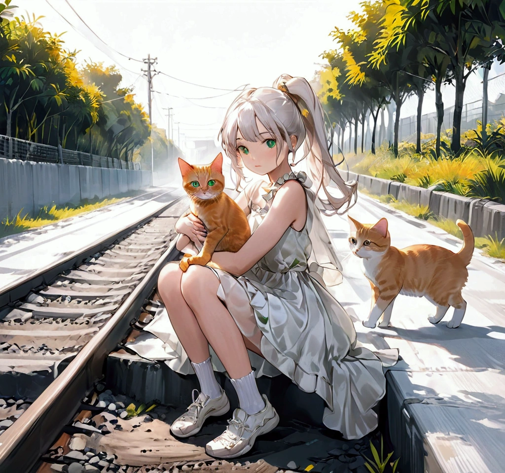 woman,Sitting on the slow track,white hair,Side ponytail,green eyes,Wearing a white dress.,Wear socks to cover your feet.,Holding an orange cat in hand,looking towards the viewer,