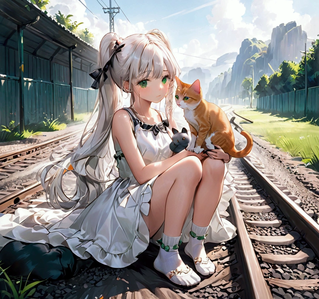 woman,Sitting on the slow track,white hair,Side ponytail,green eyes,Wearing a white dress.,Wear socks to cover your feet.,Holding an orange cat in hand,looking towards the viewer,