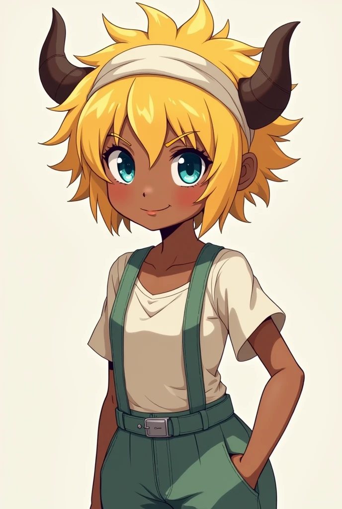 anime style girl, Dark skin, bull horns, short yellow hair, fringe, white headband, blue eyes, farmer clothes, smiling