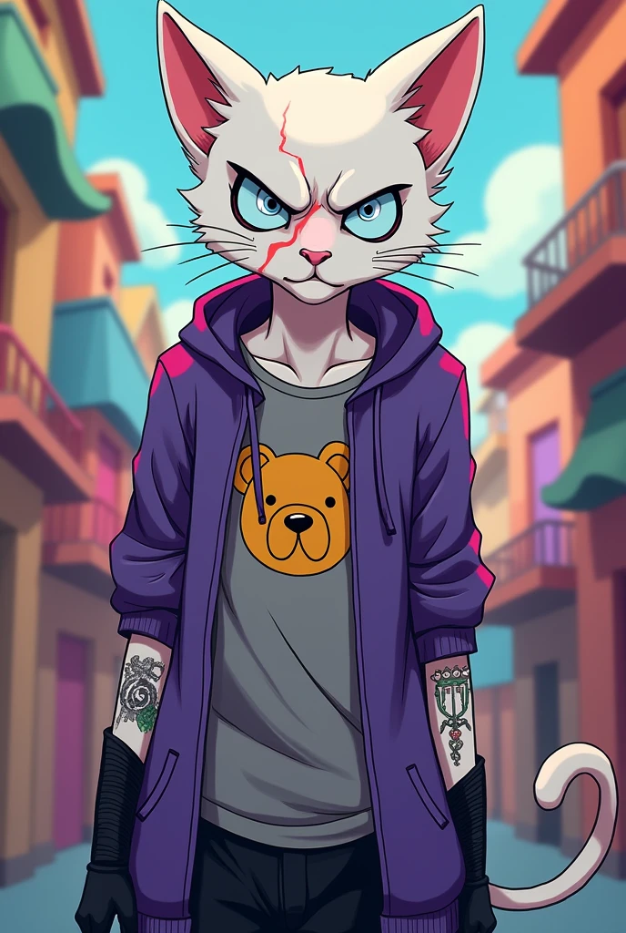 create a skinny male white humanoid cat, with a scar on his face, wearing an open purple sweatshirt and a gray t-shirt, with teddy bear print, black gloves, a black shorts, light blue eyes with an angry expression, crazy face, he has some tattoos on his body, The art style should be Cartoon Adventure Time style 