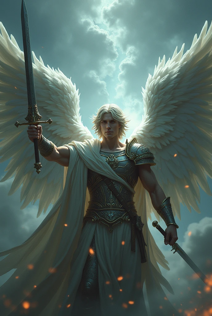 male angels holding sword, 8 k quality, image a little dark