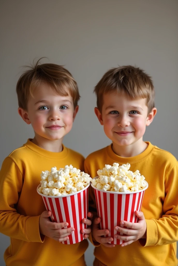 two twin brothers, with sweet popcorn in their hands
