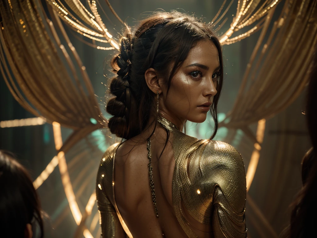 In the center of the image stands a fabled alien-esque gorgon, her shimmering metallic skin reflecting the light in a mesmerizing display. The photograph captures her in a moment of stillness, her gaze piercing through the lens with an otherworldly intensity. The background is blurred, enhancing the focus on her intricate features - serpentine hair coiled tightly around her head, glowing appendages extending from her back like ethereal wings. This high-quality image transports viewers to a realm where myth and reality coexist in stunning detail.