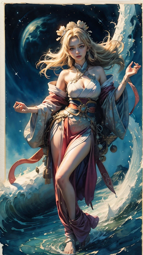 (masutepiece, of the highest quality, Best Quality, Official art, (Beautiful and aesthetic:1.4), (watercolor paiting:1.4) ),  (Toyotamahime 1.5), Goddess of Japan mythology, Dignified beauty, goddess of the sea、Goddess of the Waves、Komono、((((Komono))))、Support for samsara, God's Grace, Gentle and meditative expression, Flowing Celestial Garments, brilliance、Brought peace and a bountiful harvest to all the oceans on earth, Dancing to see the beautiful starry night sky、Blonde、