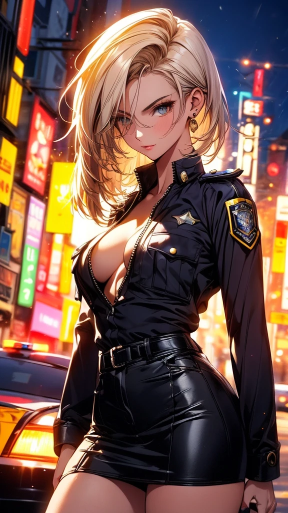 (​masterpiece), (premium), Sunset, natural lights, ,(realist:1.5),  incredibly beautiful, blue police uniform, black wrapped short, Skirt, short_blonde hair, diffuse_hair, Tanned, wearing an unbuttoned police uniform, neckline, sexy, sensual, hazel eyes, smiling, pose sexy, athletic, looking at the viewer, eye contact, incredibly beautiful mujer policía de 20 años, modern metropolis, evening, Neon lights, evening, patrol, police car in the background, dynamic pose, action pose, detailed modern day city in background, seductive, seductive_pose, natural lights, neckline, athletic body, medium breasts, Upper part of the body, Medium shot, masterpiece, detailed, maduro, bright colors, high saturation, chica incredibly beautiful, precise hands, determined expression, Serious, brave, Corajudo, light eyes, bright Eyes,, Ultra Definition, Higher resolution, (Whole body)