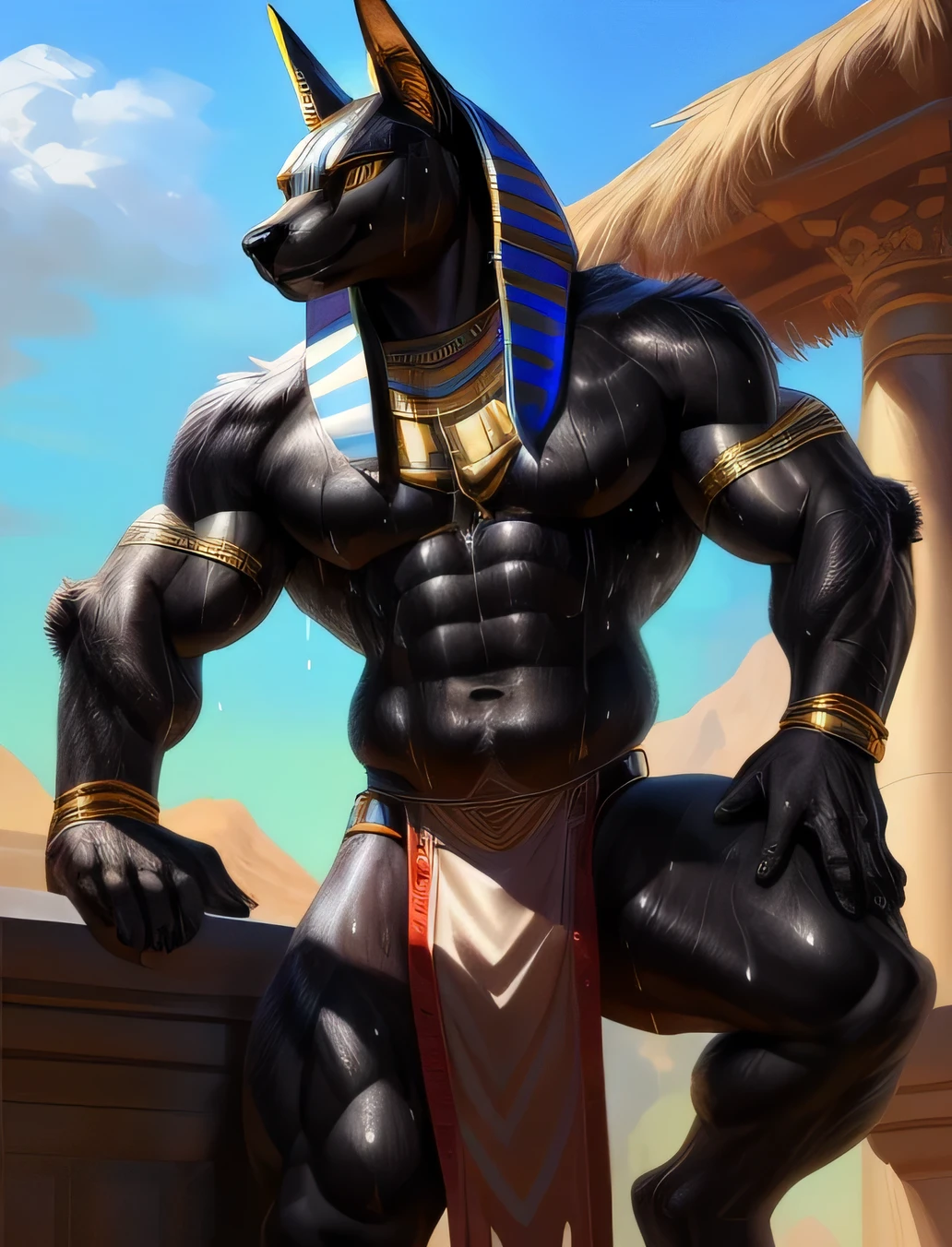 ((realist)), climb on e621, por Garmash,Ruan Jia, dark gem, the second, macho alfa, ((( Detailed fluffy fur))), ((Session)), detailed realist painting, (((biceped))), (((shading))) extreme detail, ((Anubis)), loincloth, (((sweaty black body)))