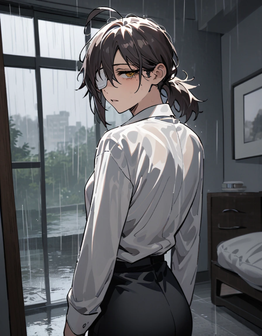 
mature, golden eyes, looking at viewer, female, bedroom background, messy hair, light dark short hair, ponytail, parted lips, hair between eyes, ahoge, emotionless, tired eyes, standing, from behind, black pants, white shirt, medical eye patch, black tie, rainy day, moon