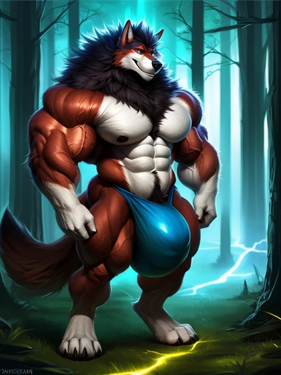 4k, high resolution, best quality, perfect lightning, perfect shadows, solo, anthro, boy, wolf, furry body, (fluffy mane:1.2), fluffy tail, male, adult, (bulky, thick muscles, huge muscles, hyper muscles:1.25), (thick biceps, veiny biceps, big broad veiny pecs, broad shoulders:1.1), (thick legs, thick calves:1.1), (digitigrade legs, 4 toes:1.2), (huge bulge, hyper bulge), perfect colors, (photorealistic fur, detailed fur, epic, masterpiece), (suggestive posing:1.2), (seductive smile, lustful grin 1.3), detailed forest, detailed wolf eyes, by k0suna, by darkgem