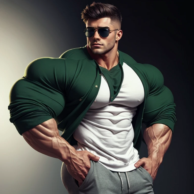 gay, style, muscle, bodybuilder, a very handsome young man, sunglasses, wearing a green sweatshirt with a white shirt underneath, exaggeratedly muscular, exaggeratedly muscles, with his hands in his pockets, on a black background, seen from the side in a cinematic angle