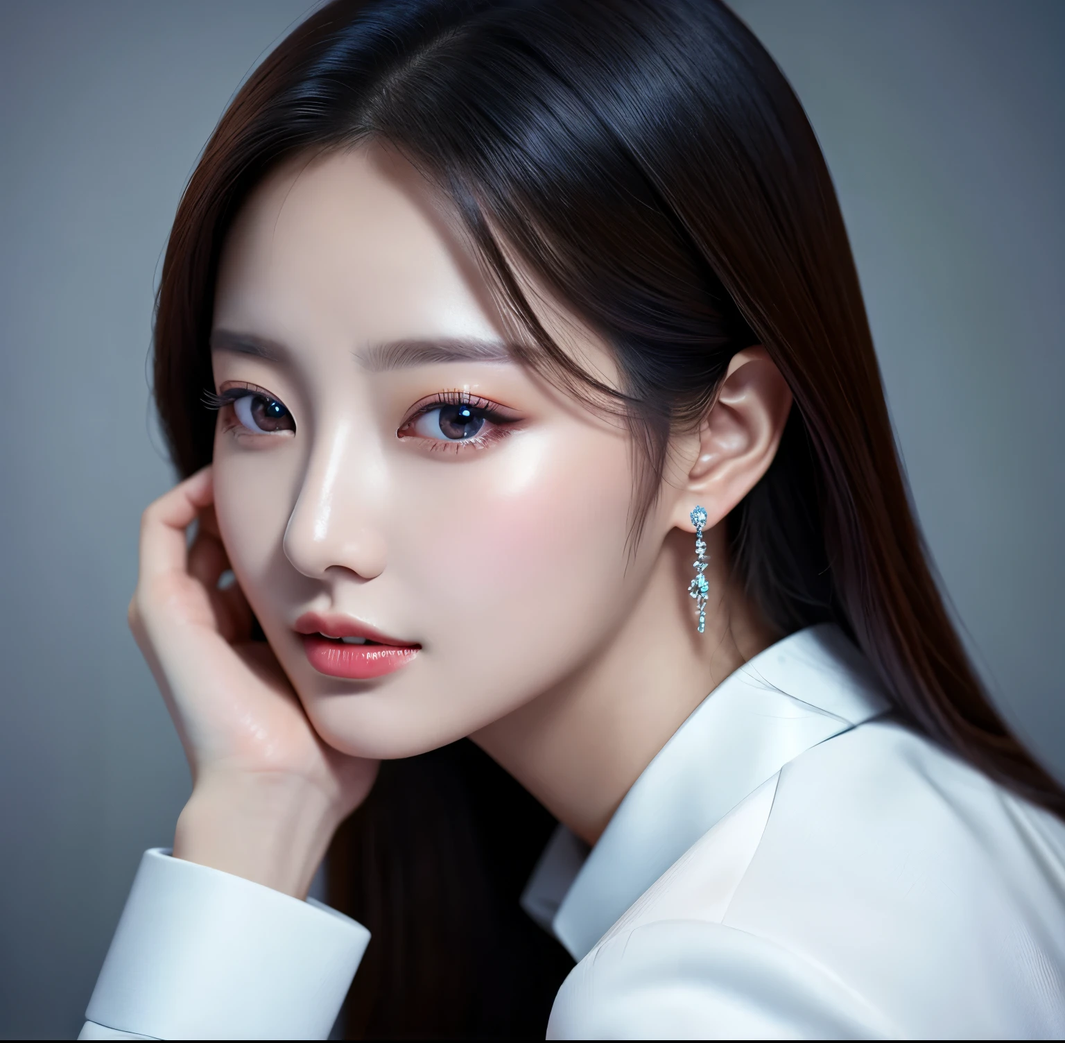 Close up portrait of woman in blue suit and white shirt, Elegant digital art, High-quality portraits, Shiny digital painting, Digital Art Images, Beautiful digital art, Elegant digital painting, Portraits of Korean female idols, Beautiful digital painting, Realistic cute girl drawing, high quality digital painting, TWICE's Tzuyu, Professional Profile Photo, Korean Girls