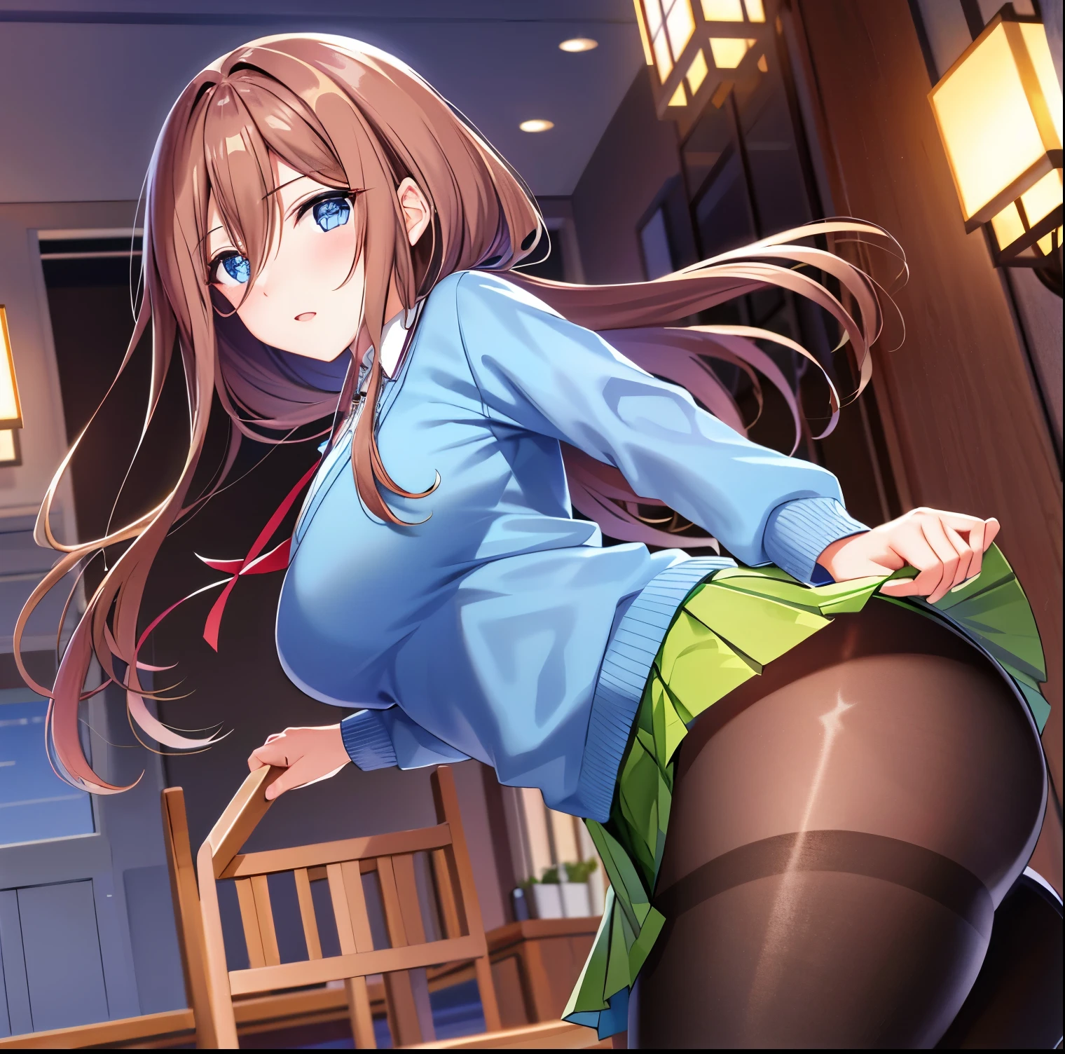 Masutepiece, Best quality, (highly detailed CG Unity 8k wallpaper) (Best quality), (best illustration), (Best Shadowiku Nakano, brown hair, blue eyes, classroom, beautiful detailed eyes, Looking at spectator,((blue cardigan)),((very short green pleated miniskirt)),((black pantyhose)), distress,pigeon toes, lifting skirt by myself,full face blushing,panties showing