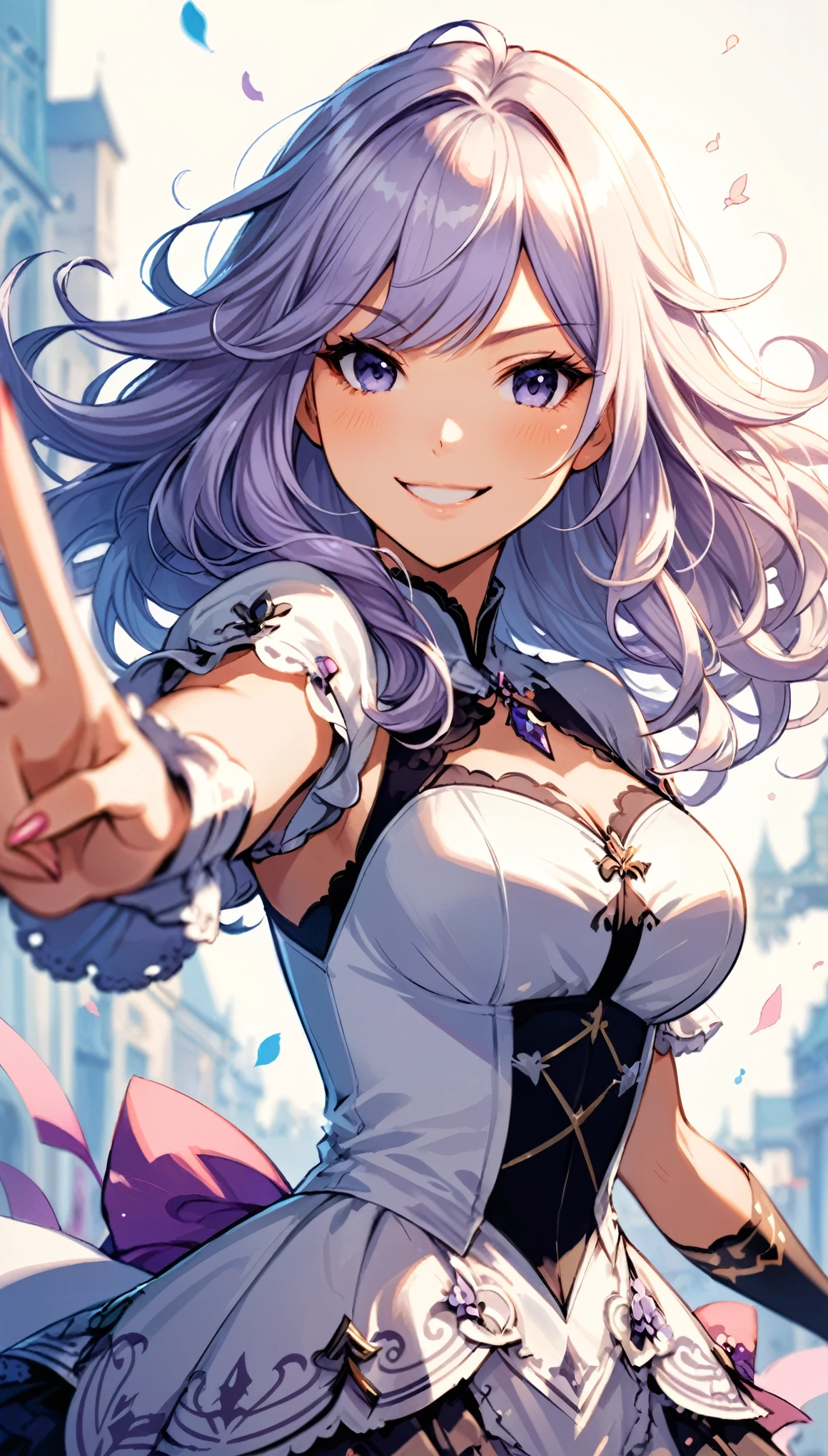 in style of Camilla d'Errico
character concept design,(foreground blur, depth of field, background blur, dynamic blur:1.1),1girl,squinting smile,v,outstretched arm