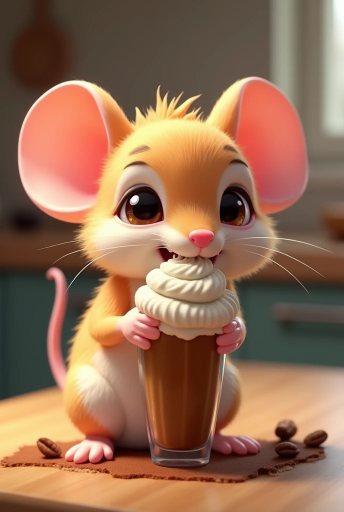 Cute mouse with a coffee frozen treat.
