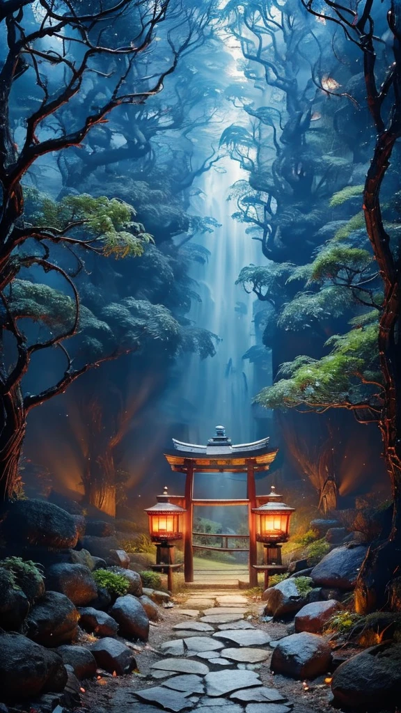 "Create a fantastical and harmonious image that symbolizes family safety and magical protection. The scene should feature a traditional Japanese home surrounded by a mystical forest, with ethereal light filtering through enchanted trees. Include a shimmering, magical barrier that surrounds the home, symbolizing protection, and a small, elegant Shinto shrine or kamidana with a glowing, enchanted talisman. The house should emit a soft, magical glow, and floating orbs of light should hover around, representing protective spirits. Add elements like fantastical flowers and protective mythical creatures, ensuring the overall atmosphere is filled with harmony, magic, and safety."
