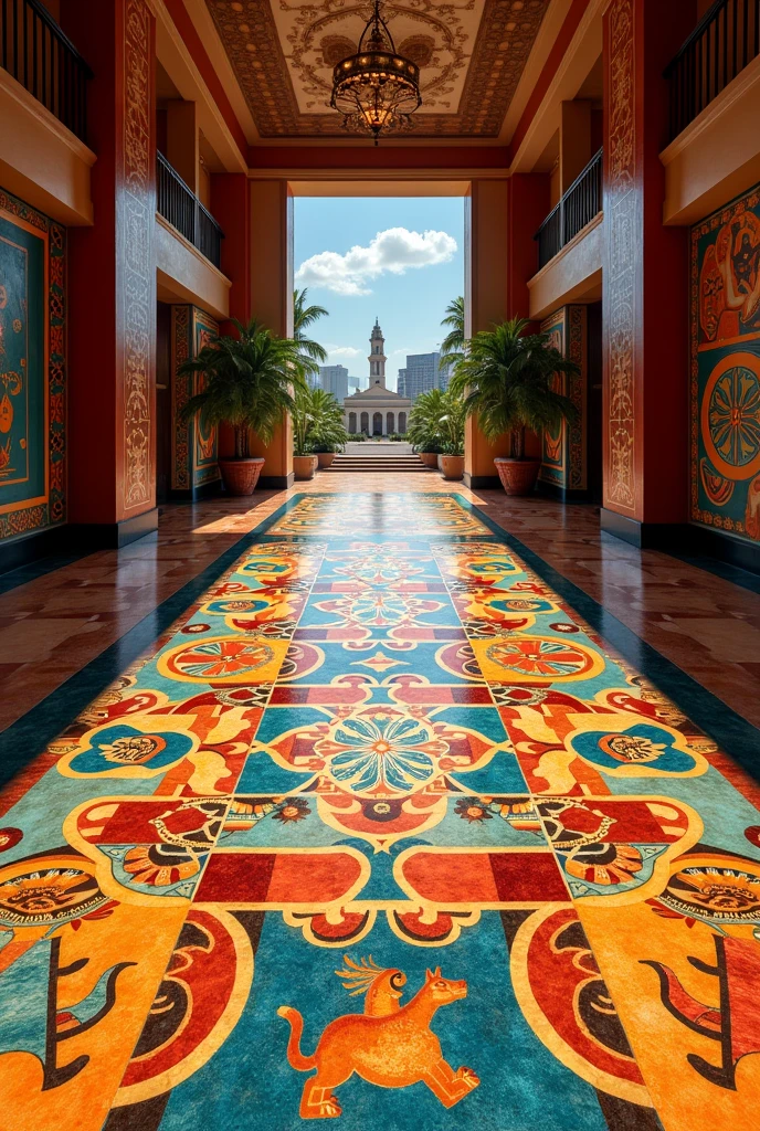 I need an illustration of a colorful ceramic floor with pre-Columbian illustrations, Colombia