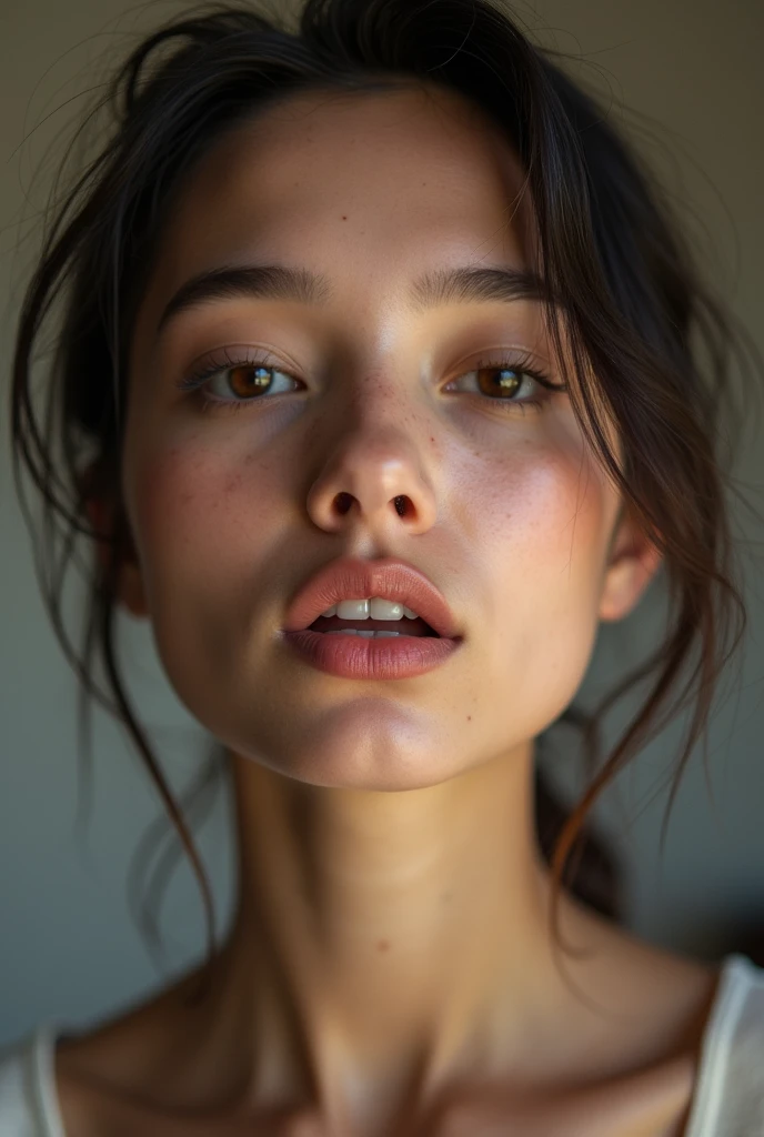 editorial photography,super detailed background,Super realistic,double exposure,depth of field,beauty super slender skinny vibes,soft focus tone,narrative scene,open lips,extreme close-up portrait photo,Long slender neck, narrow shoulders,Selfie with automatic shutter camera,