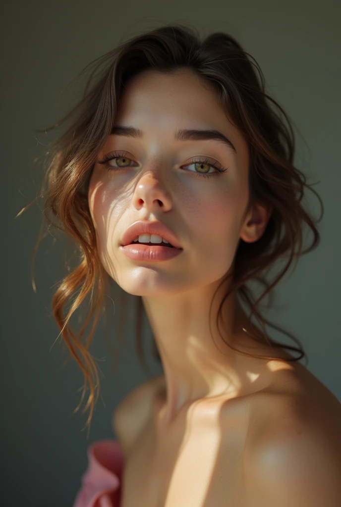 editorial photography,super detailed background,Super realistic,double exposure,depth of field,beauty super slender skinny vibes,soft focus tone,narrative scene,open lips,extreme close-up portrait photo,Long slender neck, narrow shoulders,Selfie with automatic shutter camera,