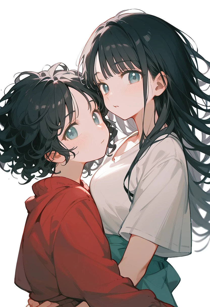 Two Girls、cute、Black Hair、Long Hair、A girl with lightly curled hair parted in the center and a girl with straight hair and thin bangs、Like Korea、Stylish、Like a Purikura、whole body、White background