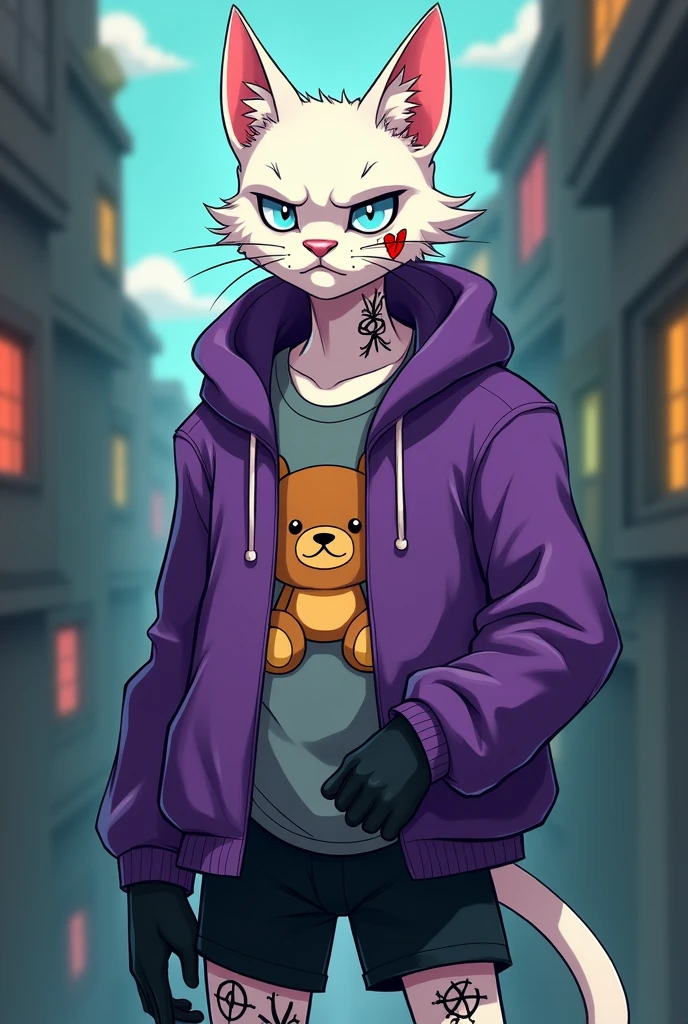 create a skinny male white humanoid cat, with a scar on his face, wearing an open purple sweatshirt and a gray t-shirt, with teddy bear print, black gloves, a black shorts, light blue eyes with an angry expression, crazy face, he has some tattoos on his body, The art style should be Cartoon Adventure Time style 