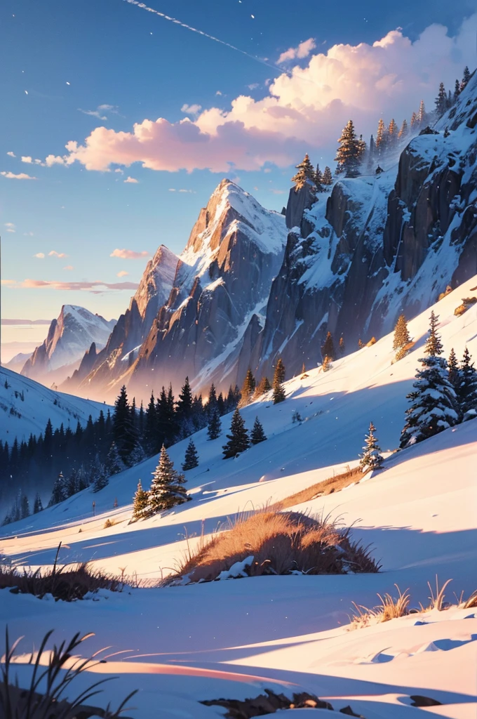 A highly detailed, and high resolution 16k image of a landscape, forst, over the horizon, anime styling, com neve, ao por do sol, 8k, best qualityer.